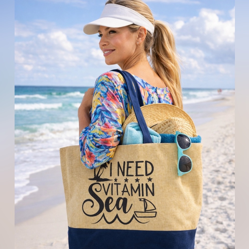 NWT Bon Voyage Starboard Tan and Blue Canvas Beach Tote Bag